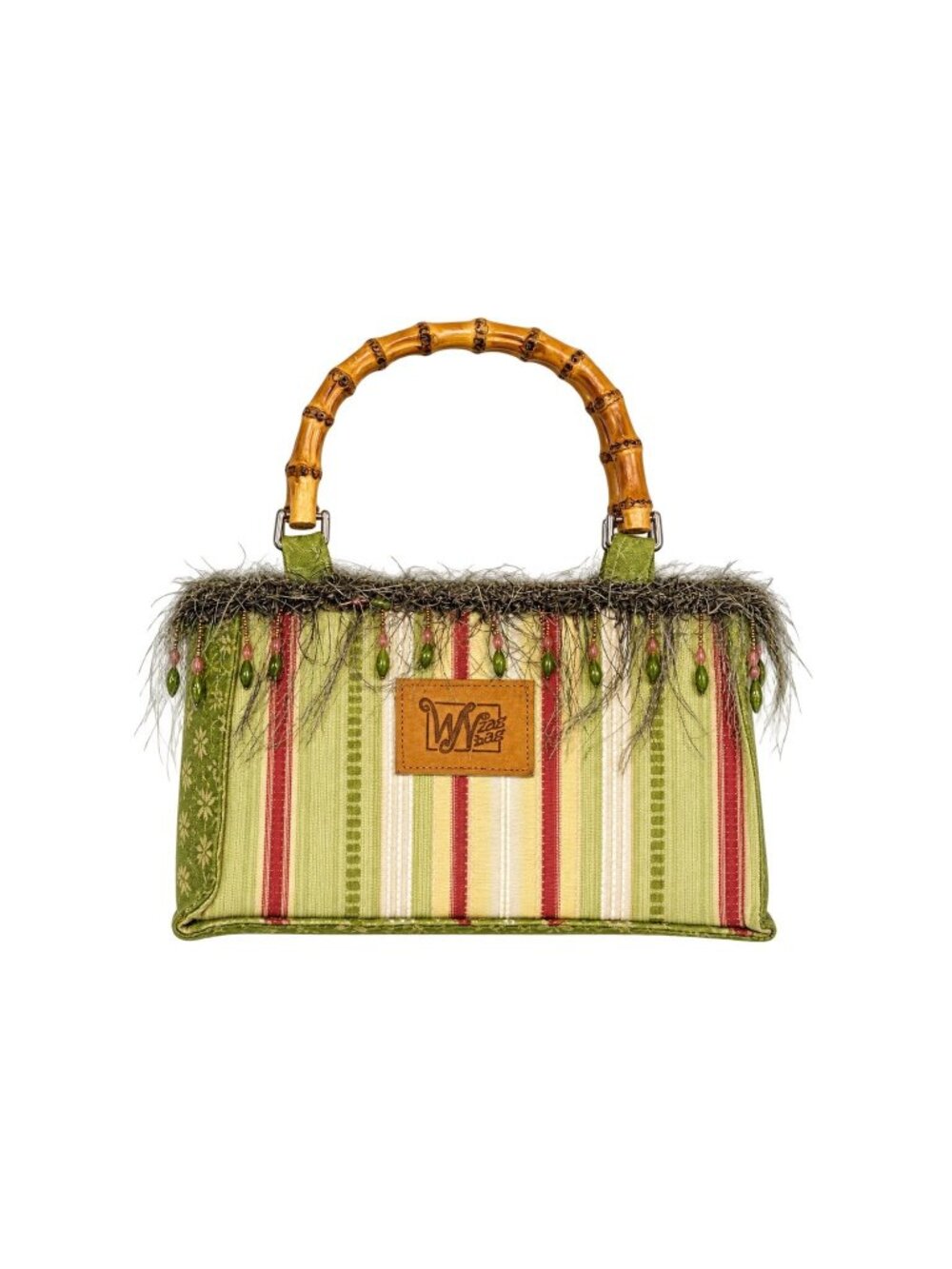 WN Zag Bag Purse Bamboo Handles Beaded Fringe Striped Tapestry Boho Handbag